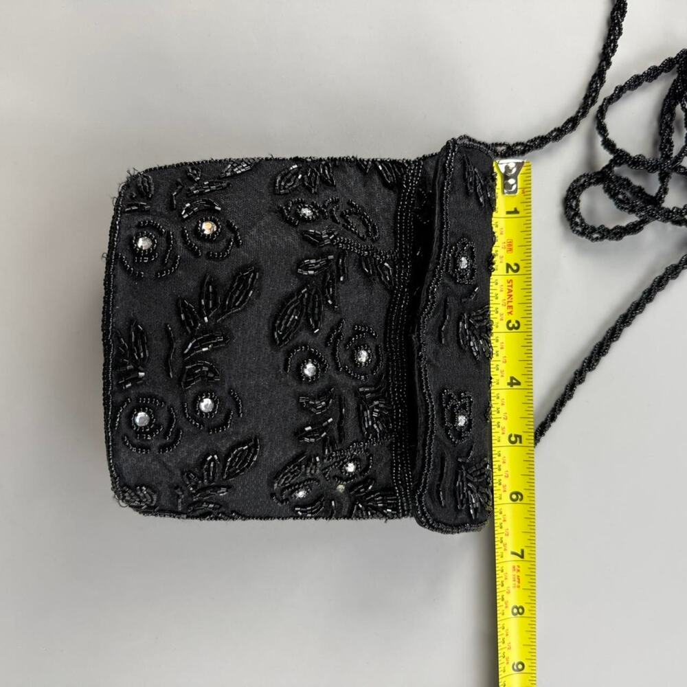 Vintage Black Beaded Mini Evening Bag Floral Satin Clutch Crossbody - Picture 6 of 8